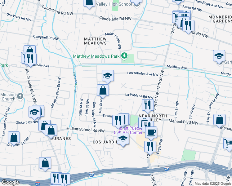 map of restaurants, bars, coffee shops, grocery stores, and more near 1615 La Poblana Road Northwest in Albuquerque