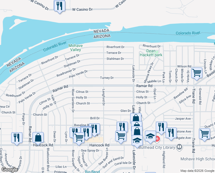 map of restaurants, bars, coffee shops, grocery stores, and more near 902 Ramar Road in Bullhead City