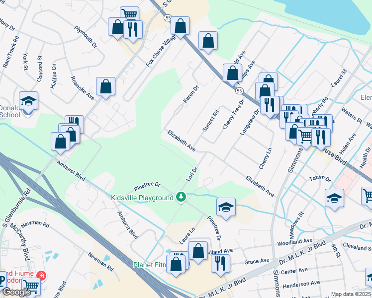 map of restaurants, bars, coffee shops, grocery stores, and more near 2609 Elizabeth Avenue in New Bern