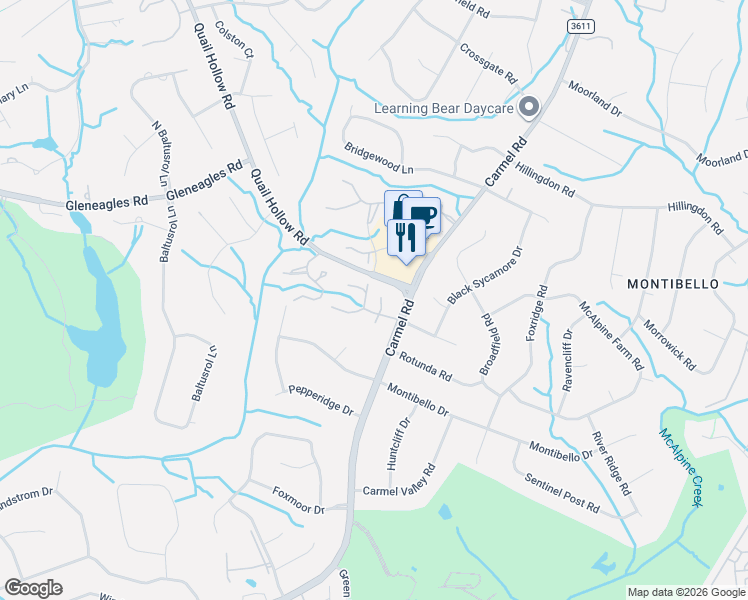 map of restaurants, bars, coffee shops, grocery stores, and more near 4222 Blacktree Lane in Charlotte