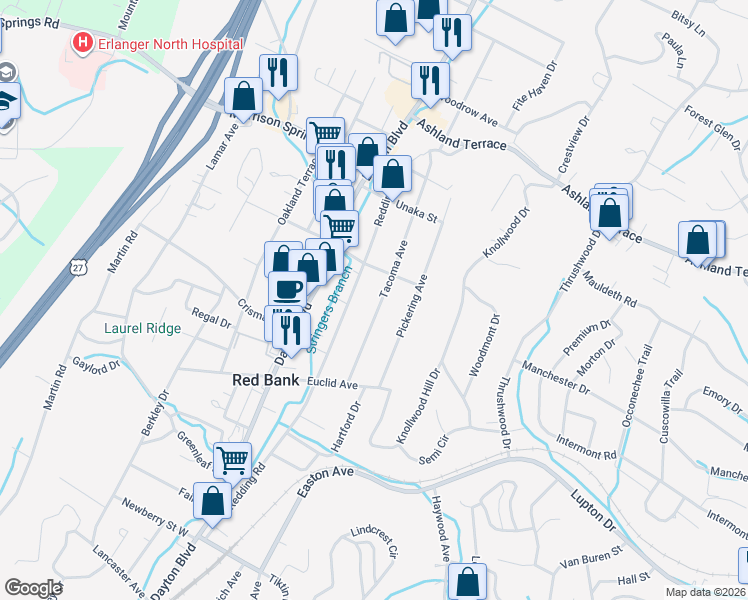 map of restaurants, bars, coffee shops, grocery stores, and more near 3704 Redding Road in Chattanooga
