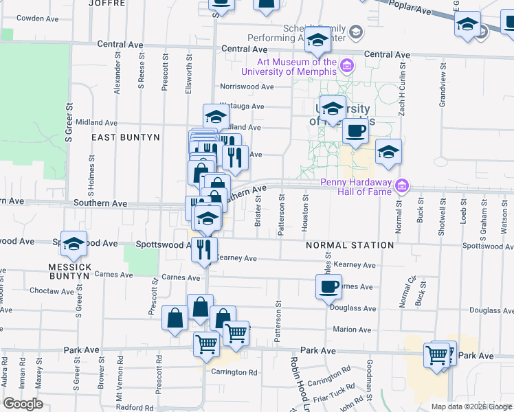 map of restaurants, bars, coffee shops, grocery stores, and more near 609 Brister Street in Memphis