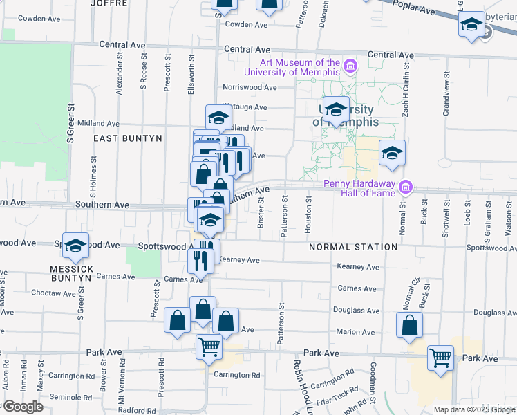 map of restaurants, bars, coffee shops, grocery stores, and more near 609 Brister Street in Memphis