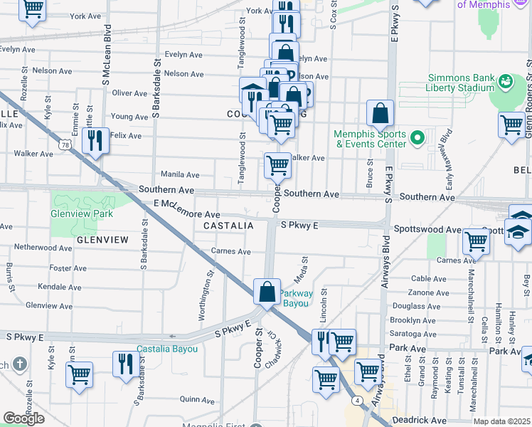 map of restaurants, bars, coffee shops, grocery stores, and more near 2098 East McLemore Avenue in Memphis