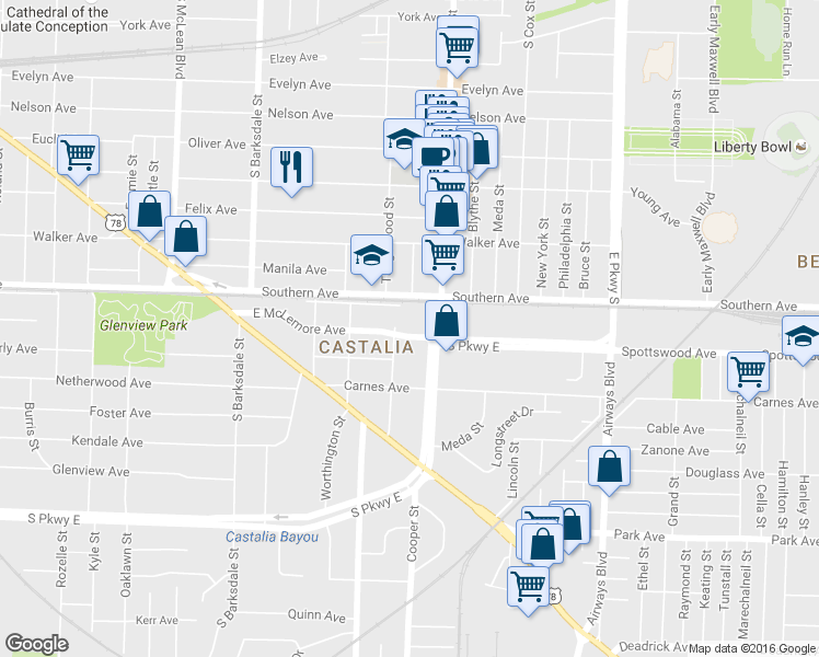 map of restaurants, bars, coffee shops, grocery stores, and more near 2098 East McLemore Avenue in Memphis