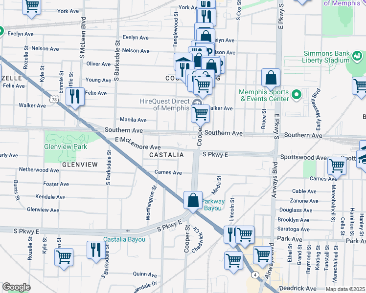 map of restaurants, bars, coffee shops, grocery stores, and more near 2098 East McLemore Avenue in Memphis