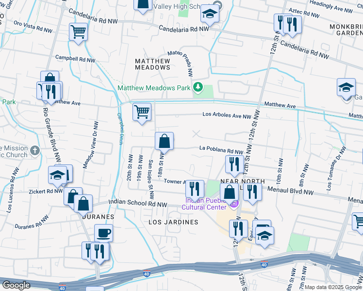 map of restaurants, bars, coffee shops, grocery stores, and more near 1615 La Poblana Road Northwest in Albuquerque