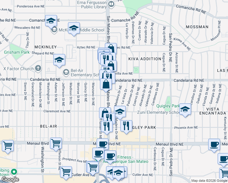 map of restaurants, bars, coffee shops, grocery stores, and more near 2909 Ortiz Drive Northeast in Albuquerque