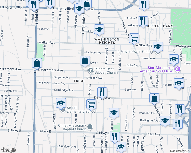 map of restaurants, bars, coffee shops, grocery stores, and more near 516 Simpson Avenue in Memphis
