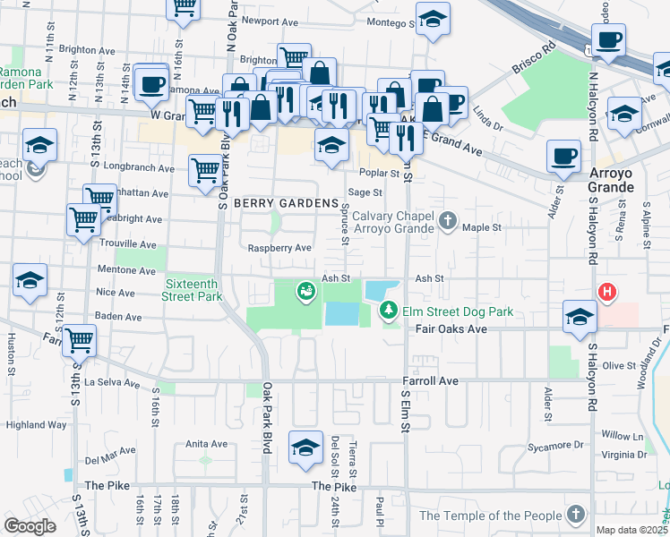 map of restaurants, bars, coffee shops, grocery stores, and more near 284 Spruce Street in Arroyo Grande