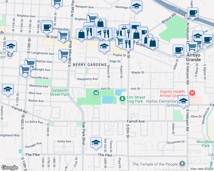 map of restaurants, bars, coffee shops, grocery stores, and more near 278 Spruce Street in Arroyo Grande
