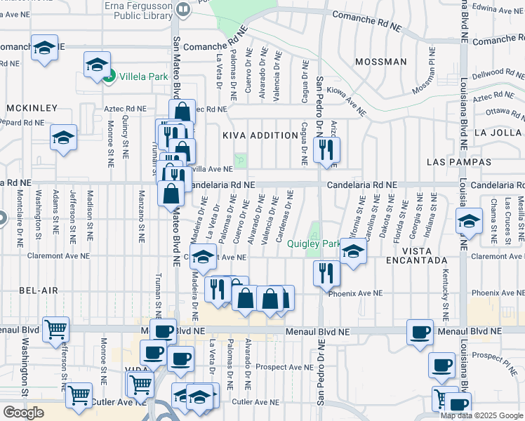 map of restaurants, bars, coffee shops, grocery stores, and more near 2916 Alvarado Drive Northeast in Albuquerque