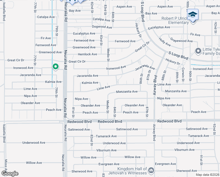 map of restaurants, bars, coffee shops, grocery stores, and more near 8348 Lime Avenue in California City