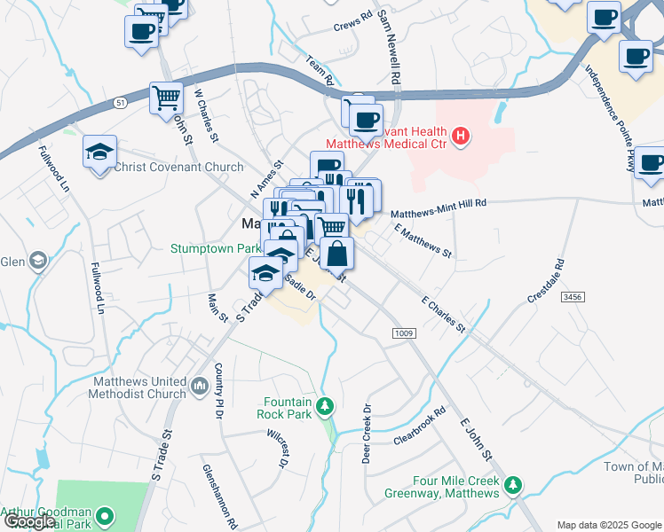 map of restaurants, bars, coffee shops, grocery stores, and more near 137 East John Street in Matthews