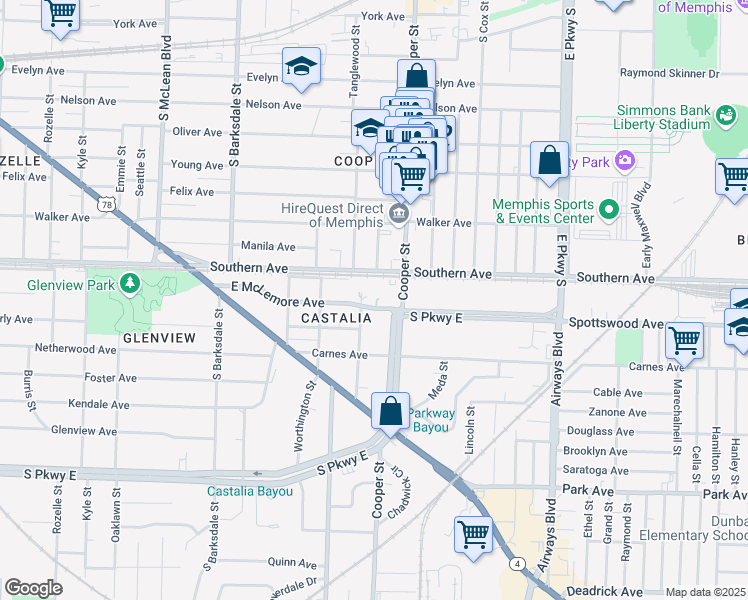 map of restaurants, bars, coffee shops, grocery stores, and more near 2098 East McLemore Avenue in Memphis