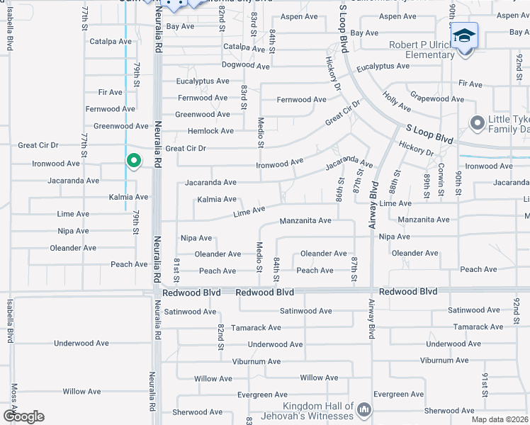 map of restaurants, bars, coffee shops, grocery stores, and more near 8348 Lime Avenue in California City