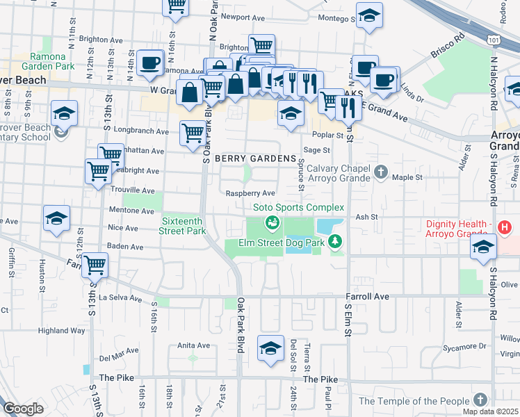 map of restaurants, bars, coffee shops, grocery stores, and more near 1445 Jasmine Place in Arroyo Grande