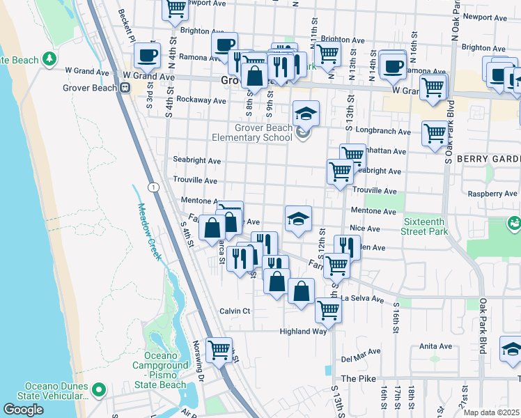 map of restaurants, bars, coffee shops, grocery stores, and more near 882 Mentone Avenue in Grover Beach
