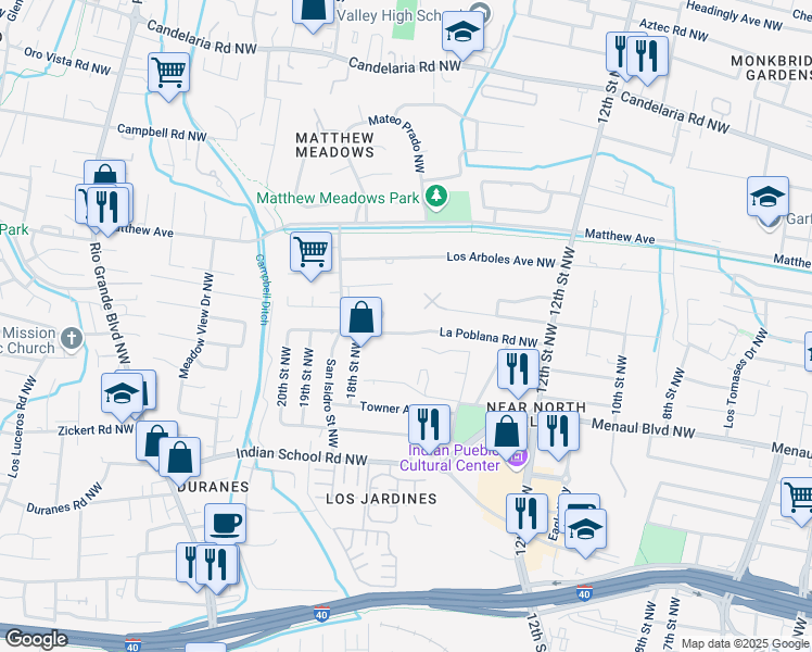 map of restaurants, bars, coffee shops, grocery stores, and more near 1615 La Poblana Road Northwest in Albuquerque