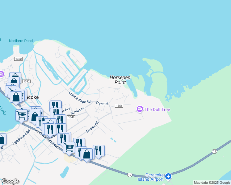 map of restaurants, bars, coffee shops, grocery stores, and more near 236 Oneal Drive in Ocracoke