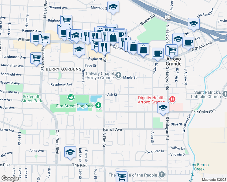 map of restaurants, bars, coffee shops, grocery stores, and more near 1174 Ash Street in Arroyo Grande