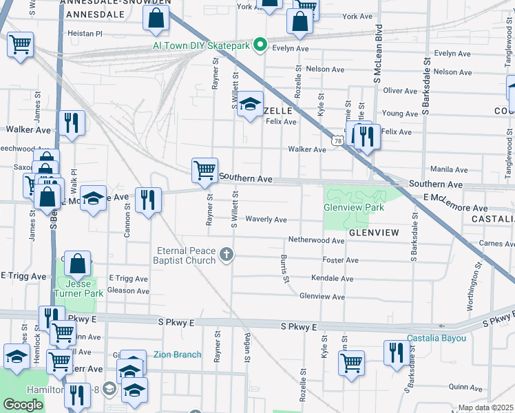 map of restaurants, bars, coffee shops, grocery stores, and more near 1599 East McLemore Avenue in Memphis