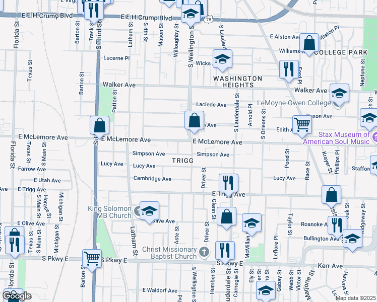 map of restaurants, bars, coffee shops, grocery stores, and more near 1182 Willoughby Street in Memphis