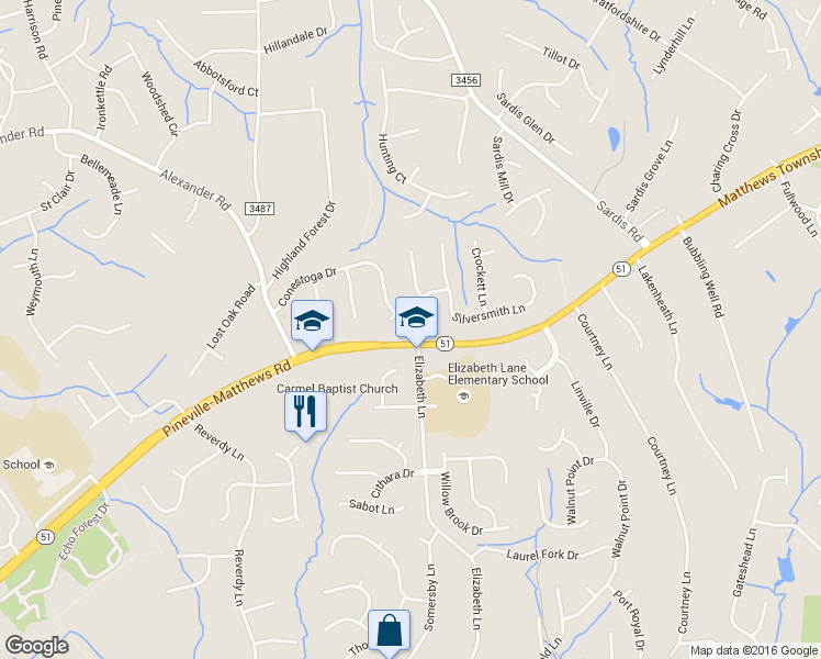 map of restaurants, bars, coffee shops, grocery stores, and more near 601 Conestoga Drive in Charlotte