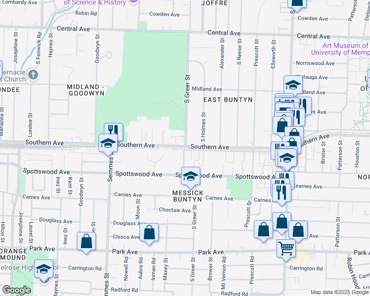 map of restaurants, bars, coffee shops, grocery stores, and more near 606 South Greer Street in Memphis