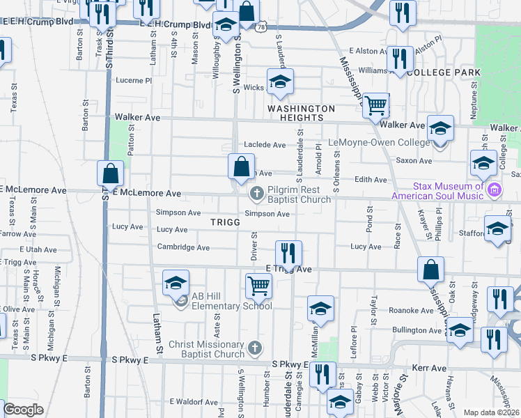 map of restaurants, bars, coffee shops, grocery stores, and more near 516 Simpson Avenue in Memphis