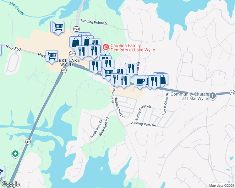 map of restaurants, bars, coffee shops, grocery stores, and more near 2175 Shady Pond Drive in Clover