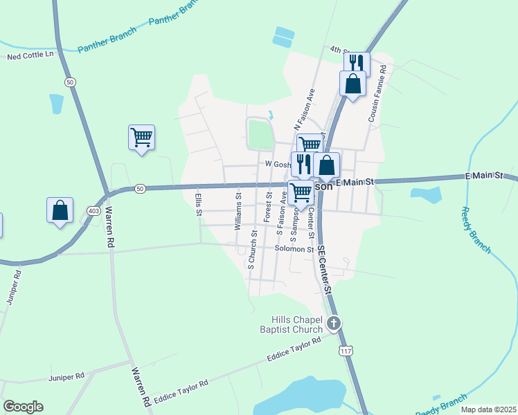 map of restaurants, bars, coffee shops, grocery stores, and more near 203 South Church Street in Faison