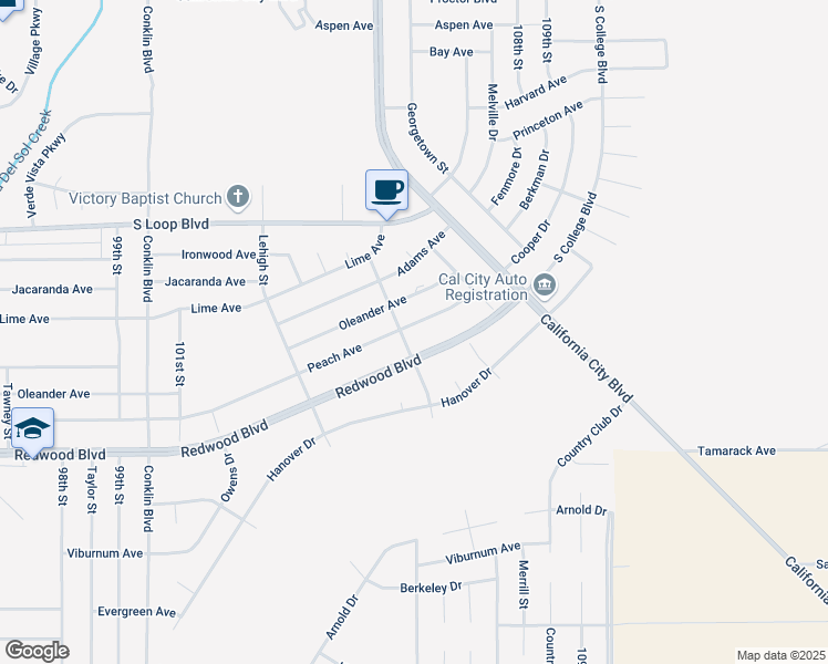 map of restaurants, bars, coffee shops, grocery stores, and more near 10588 Peach Avenue in California City