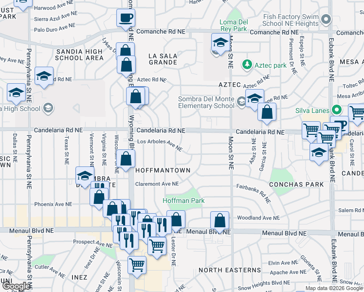 map of restaurants, bars, coffee shops, grocery stores, and more near 8803 Los Arboles Avenue Northeast in Albuquerque