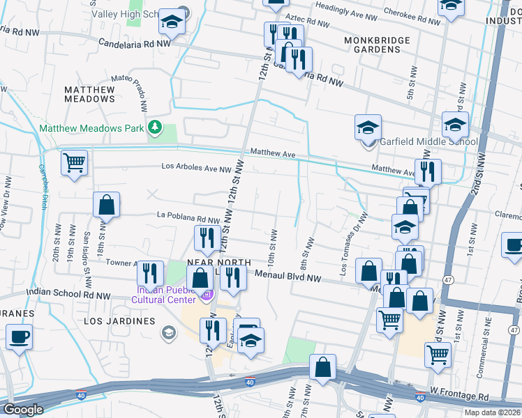 map of restaurants, bars, coffee shops, grocery stores, and more near 1100 Phoenix Avenue Northwest in Albuquerque