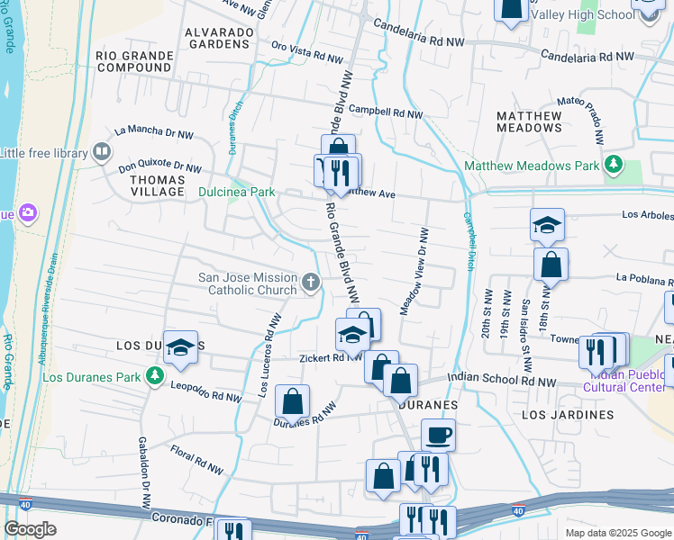 map of restaurants, bars, coffee shops, grocery stores, and more near 2417 Los Anayas Road Northwest in Albuquerque