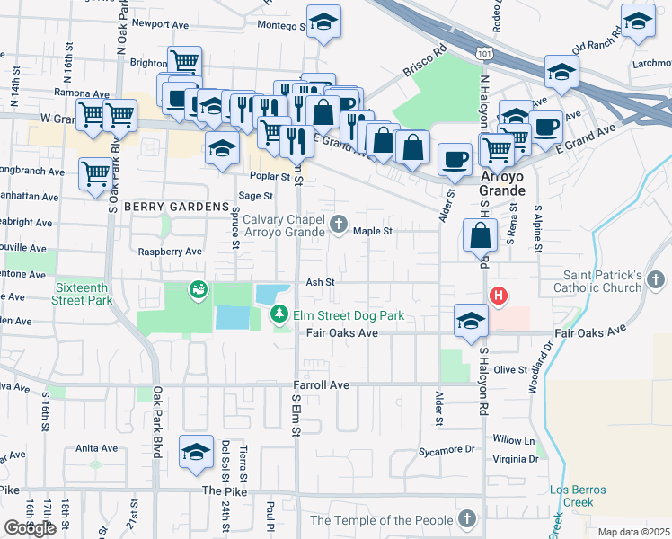 map of restaurants, bars, coffee shops, grocery stores, and more near 1146 Ash Street in Arroyo Grande