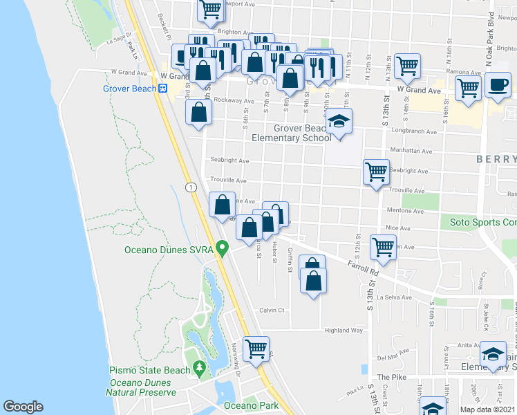map of restaurants, bars, coffee shops, grocery stores, and more near 753 South 6th Street in Grover Beach
