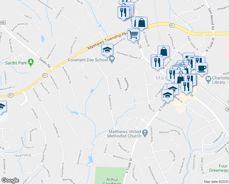 map of restaurants, bars, coffee shops, grocery stores, and more near 425 Eberle Way in Matthews