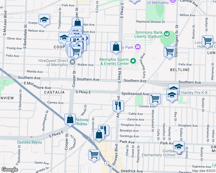 map of restaurants, bars, coffee shops, grocery stores, and more near 2270 South Parkway East in Memphis