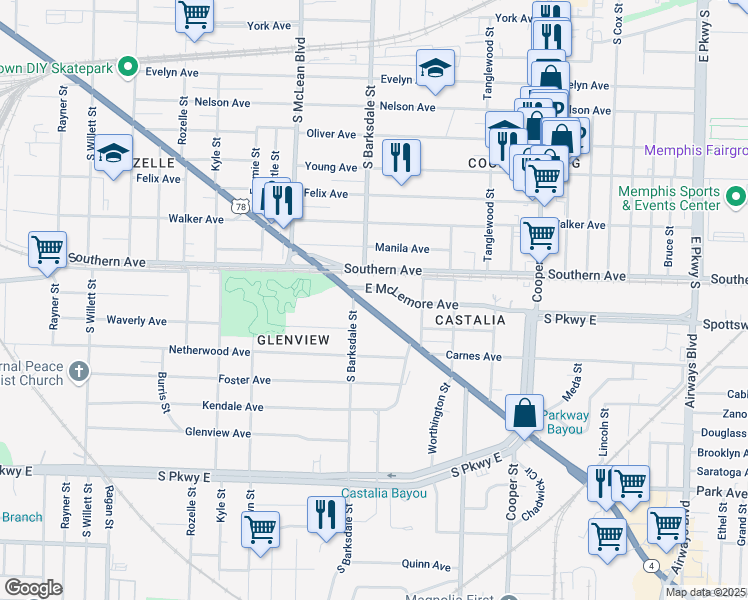 map of restaurants, bars, coffee shops, grocery stores, and more near 1911 U.S. 78 in Memphis