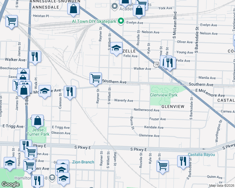 map of restaurants, bars, coffee shops, grocery stores, and more near 1599 East McLemore Avenue in Memphis