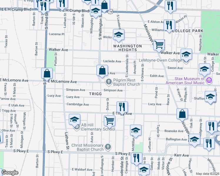 map of restaurants, bars, coffee shops, grocery stores, and more near 516 Simpson Avenue in Memphis