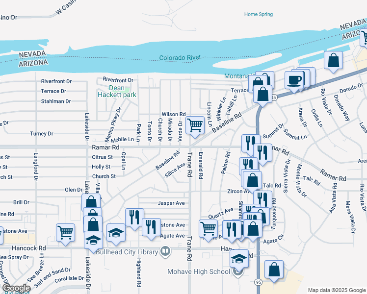 map of restaurants, bars, coffee shops, grocery stores, and more near 1246 Ramar Road in Bullhead City