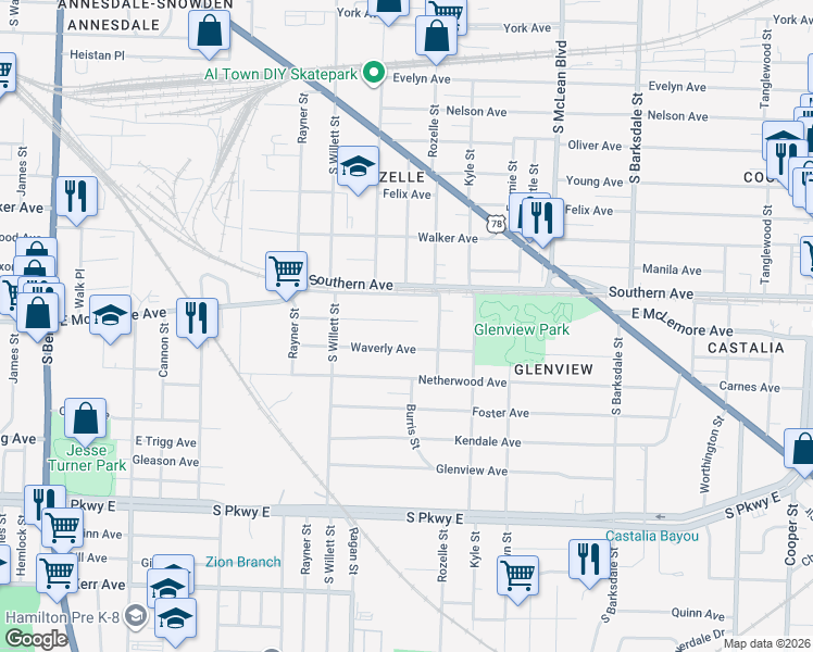 map of restaurants, bars, coffee shops, grocery stores, and more near 1643 East McLemore Avenue in Memphis