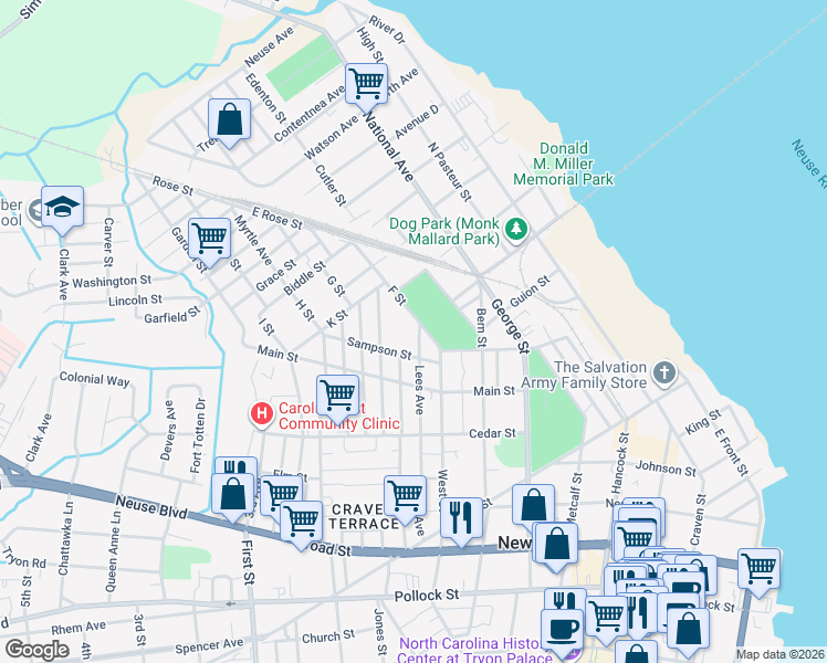 map of restaurants, bars, coffee shops, grocery stores, and more near 1015 Lees Ave in New Bern