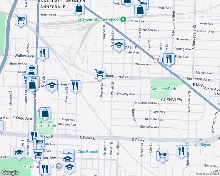 map of restaurants, bars, coffee shops, grocery stores, and more near 1553 East McLemore Avenue in Memphis