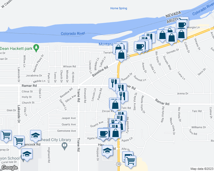 map of restaurants, bars, coffee shops, grocery stores, and more near 1360 Ramar Road in Bullhead City