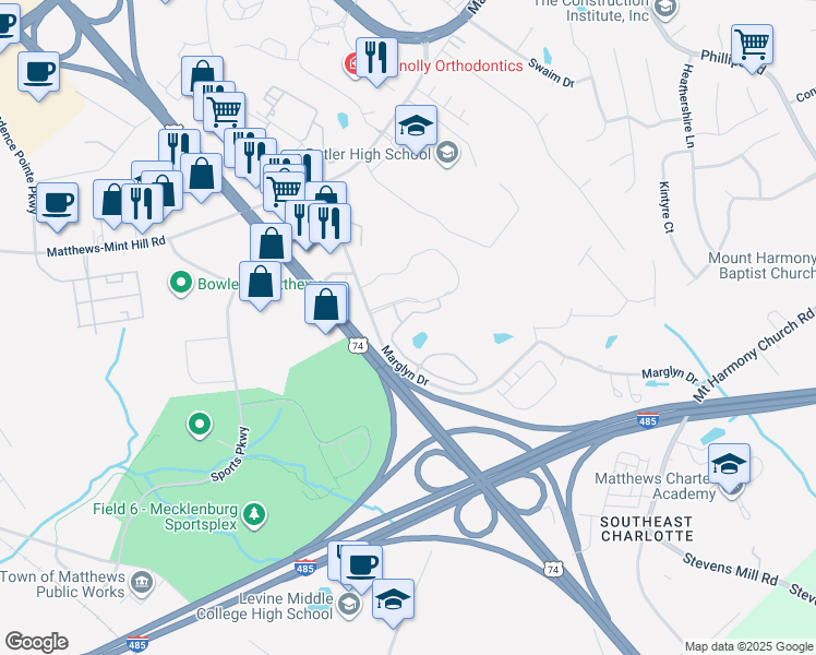 map of restaurants, bars, coffee shops, grocery stores, and more near 4101 Glenloch Circle in Matthews