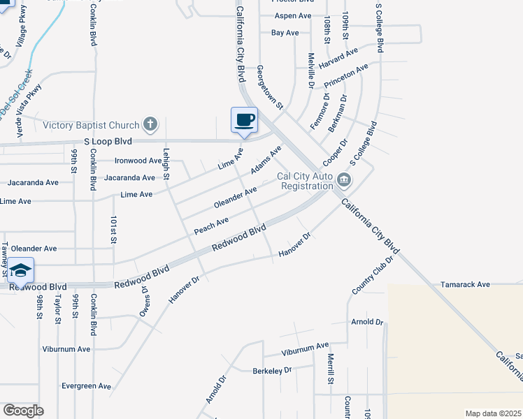 map of restaurants, bars, coffee shops, grocery stores, and more near 10588 Peach Avenue in California City